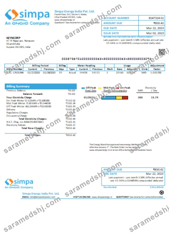 Simpa Energy India Pvt. Ltd utility business bill,  SCR